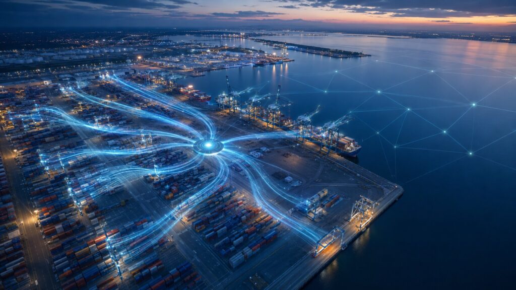 Aerial view of a European container port at dusk with abstract data-flow lines