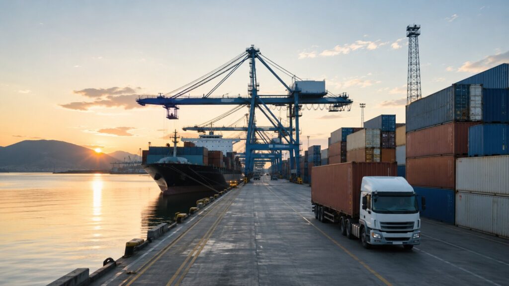 Containers and freight truck at a Turkish Aegean port