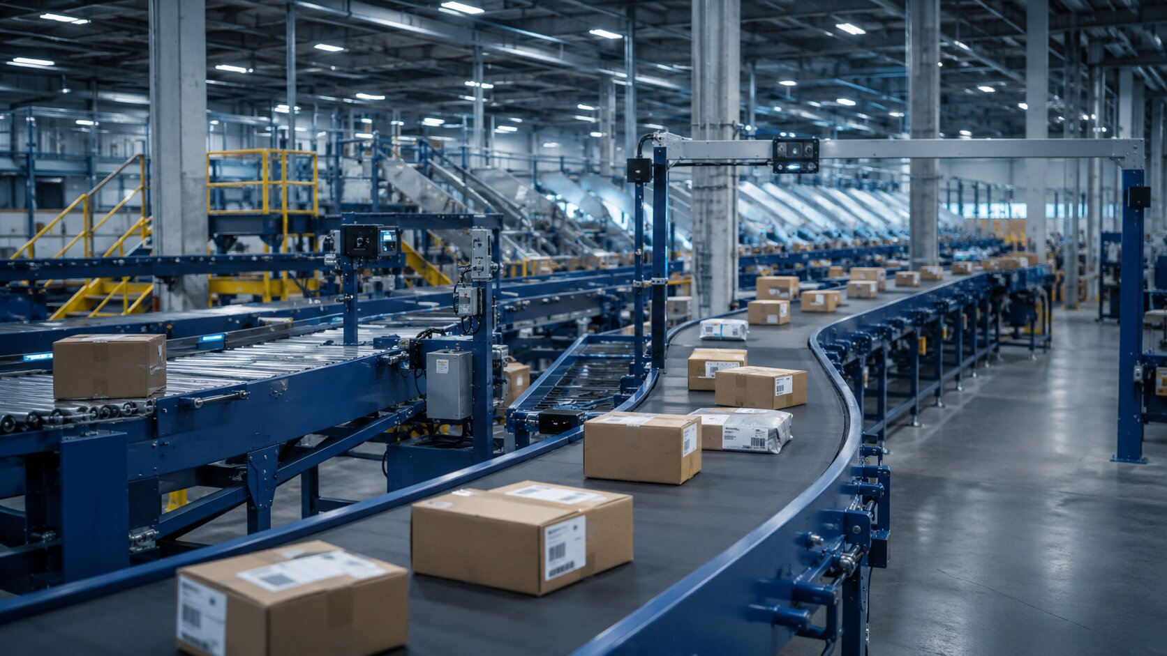 E-commerce parcels with barcode labels on a sorting conveyor