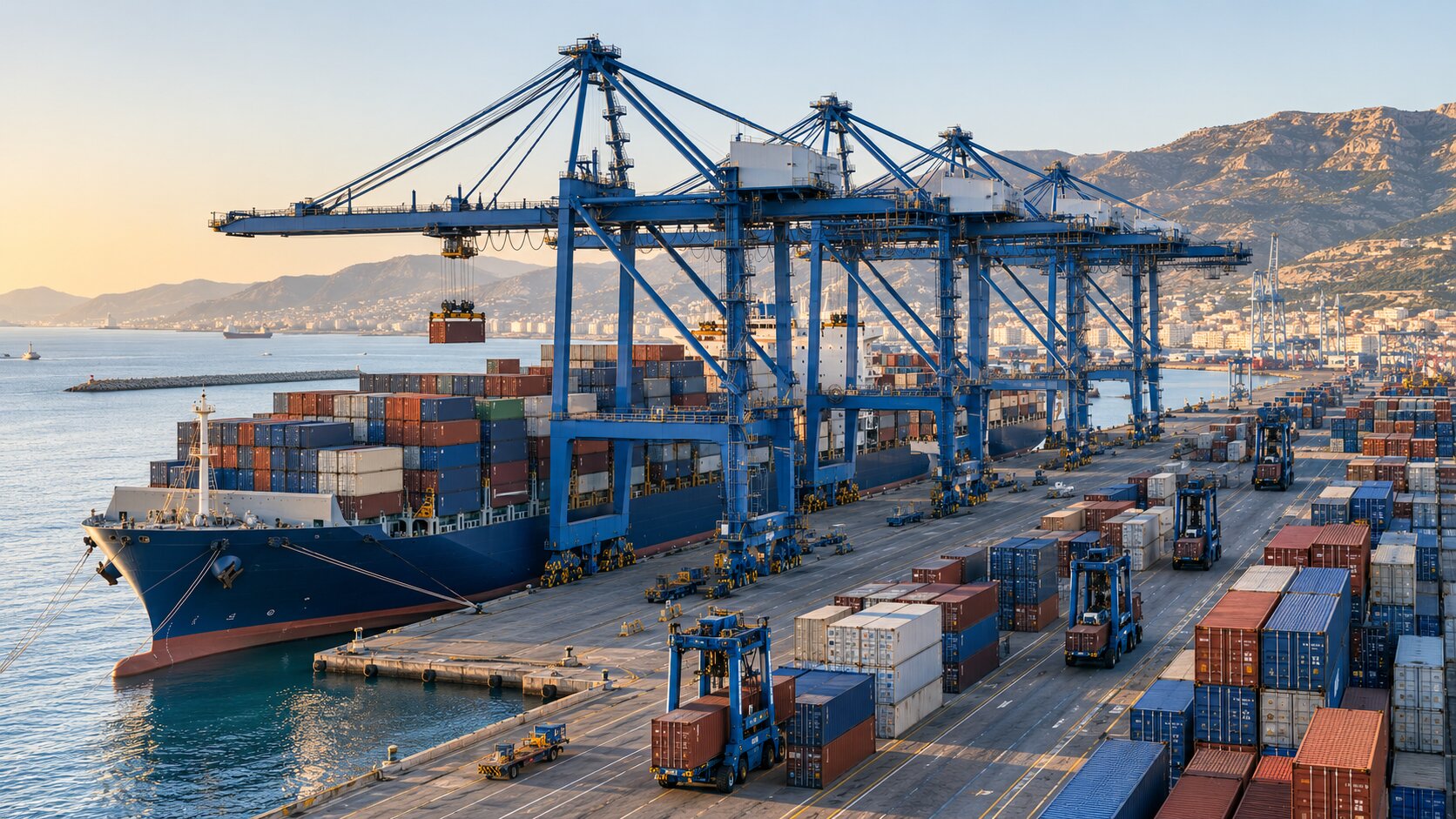 Ship-to-shore gantry cranes working a container vessel at a Mediterranean deep-sea port terminal