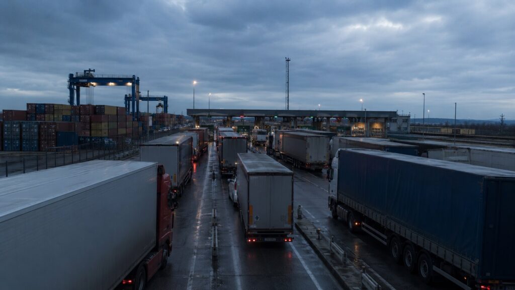 Trucks queued at an EU-Turkey border crossing