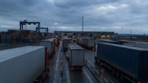 Trucks queued at an EU-Turkey border crossing