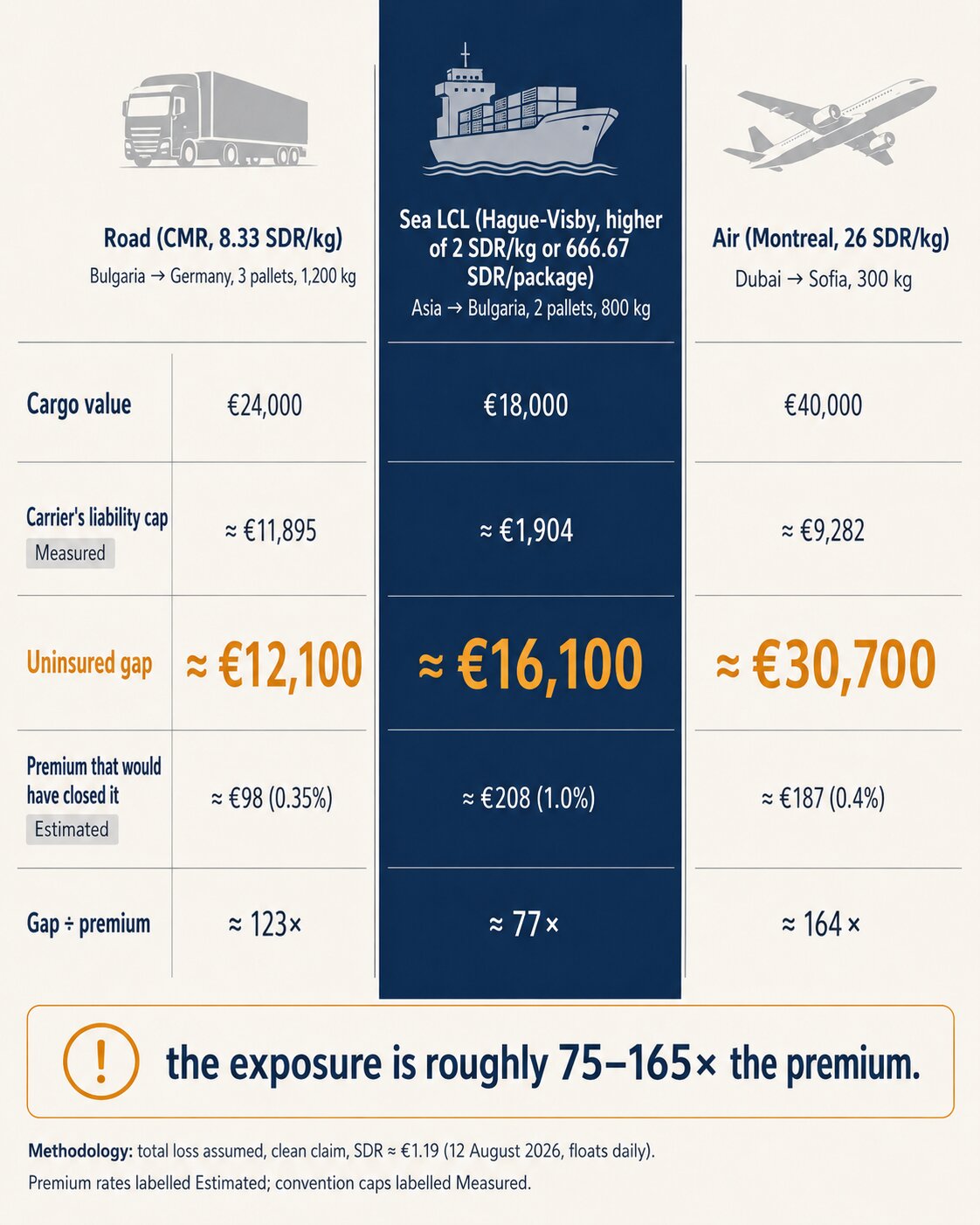 Carrier liability cap vs cargo value: the uninsured gap by mode, road sea and air