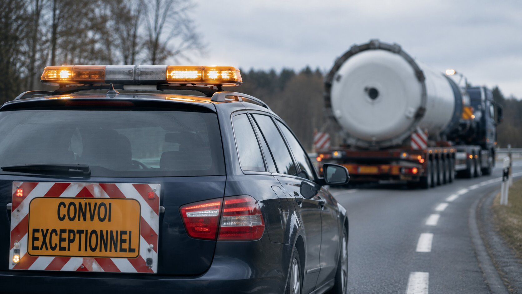 Escort vehicle with amber beacon accompanying