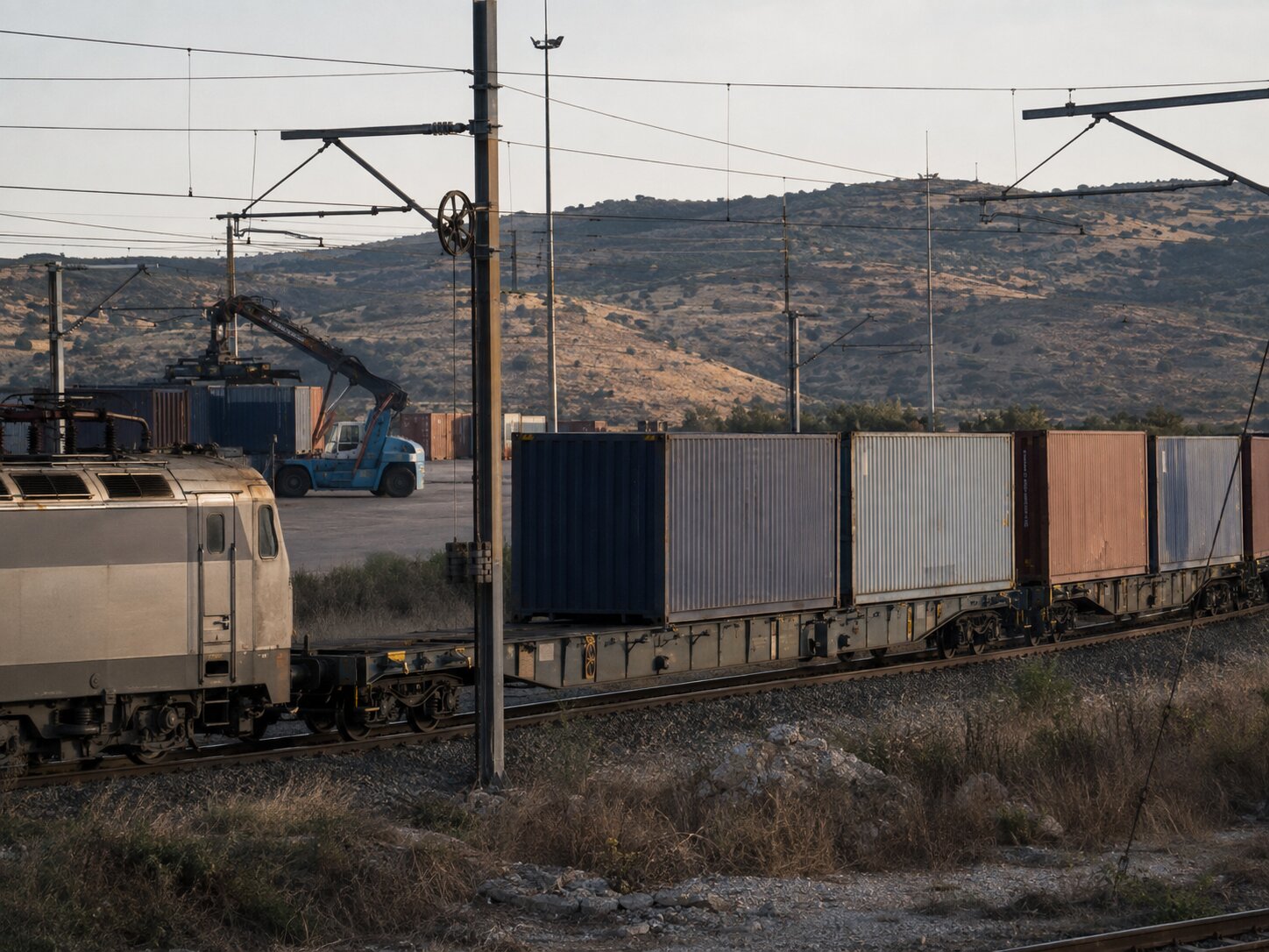 Container block train loaded at a rail-served terminal for the Balkan hinterland