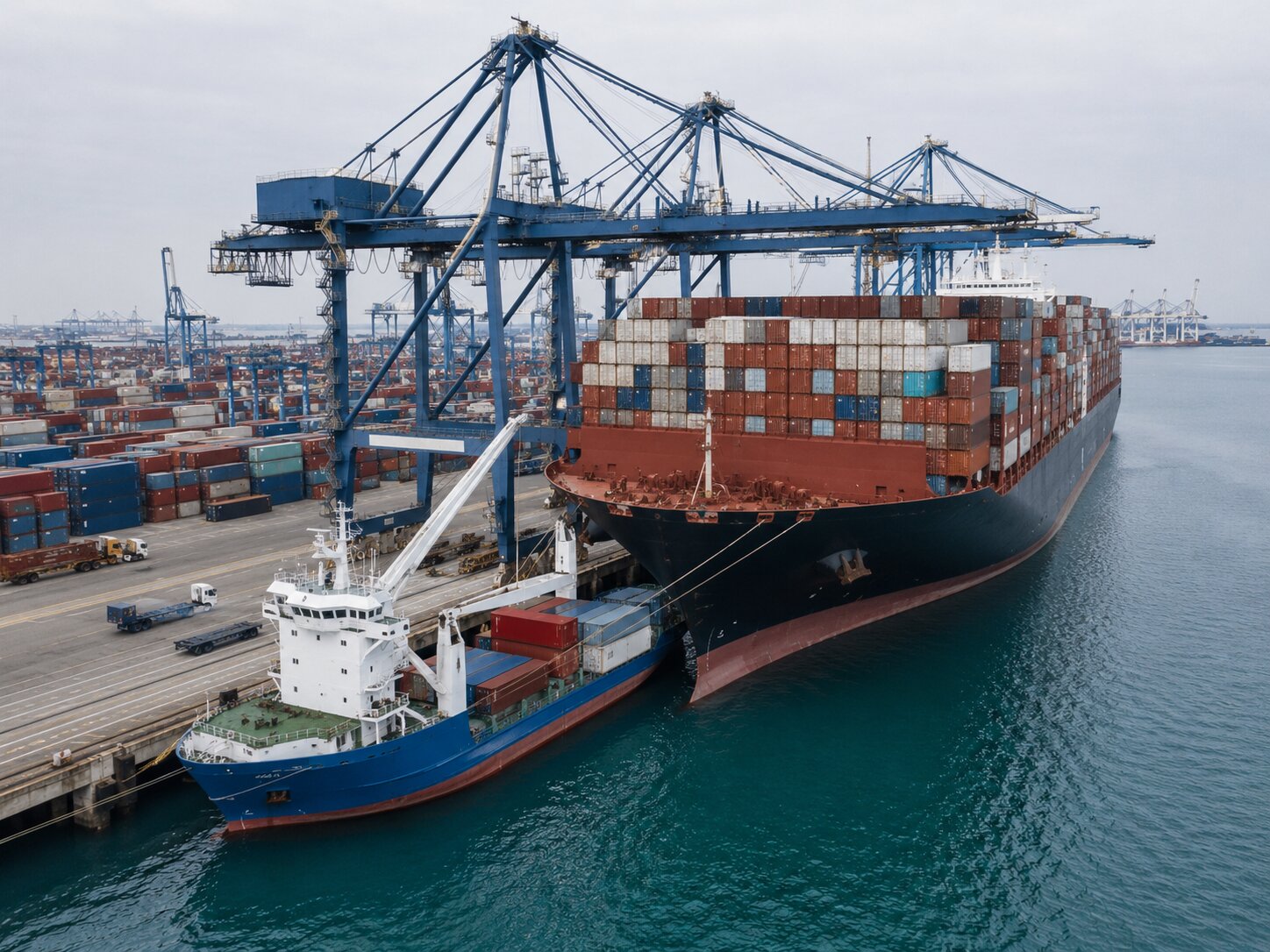 Small feeder vessel berthed alongside a much larger container ship during transshipment
