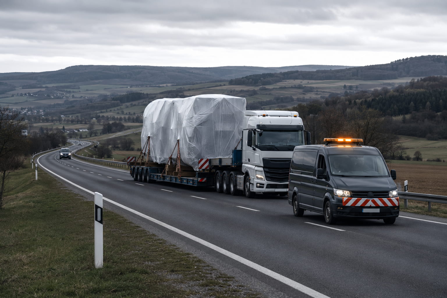 Oversized Transport Convoy Through Rolling Hills