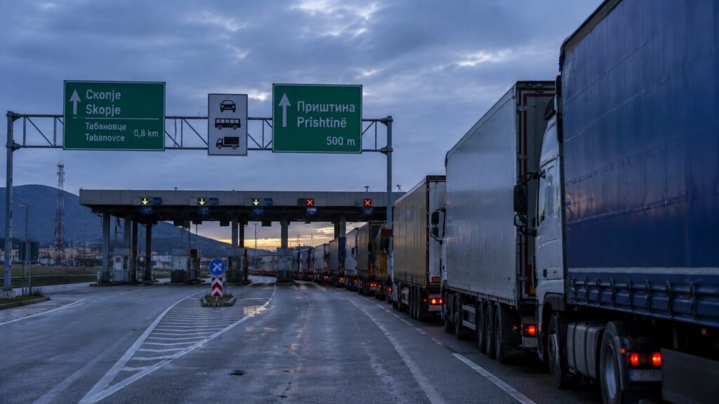 Trucks queueing at a Balkan border