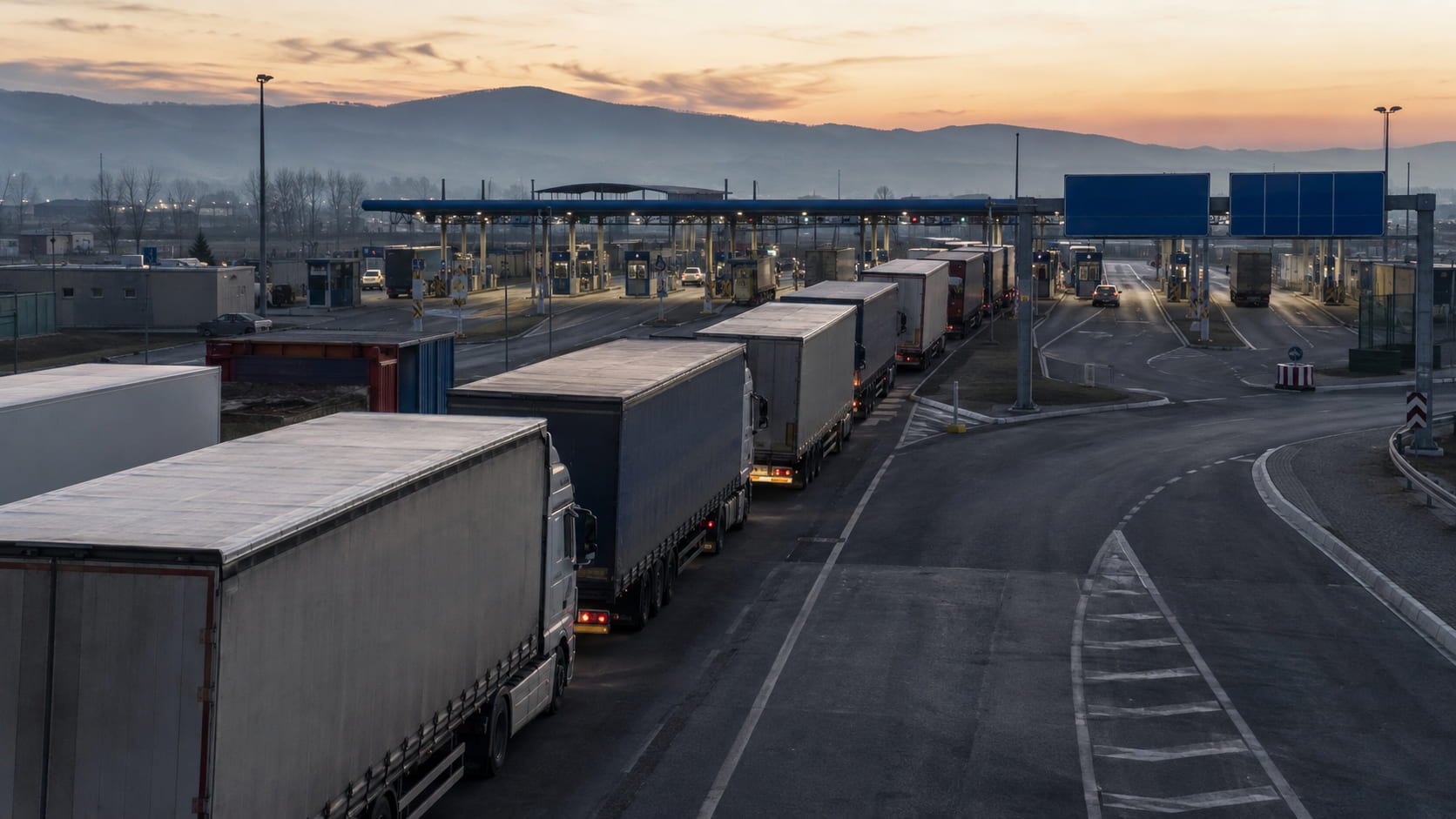 Dusk Truck Queue at Border Checkpoint