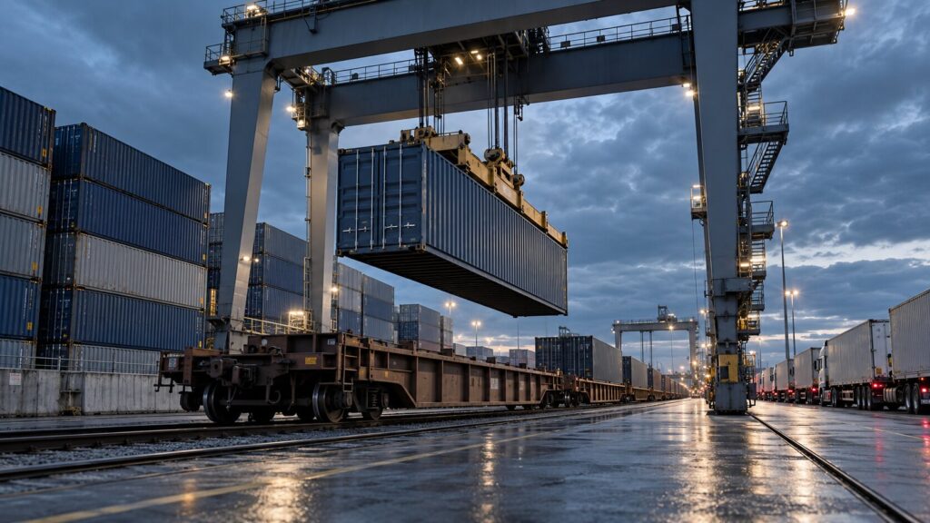 Shipping container being loaded onto a freight train at an intermodal rail terminal