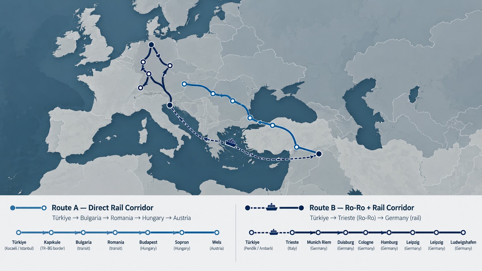 Map of Türkiye to Europe intermodal rail and Ro-Ro routes
