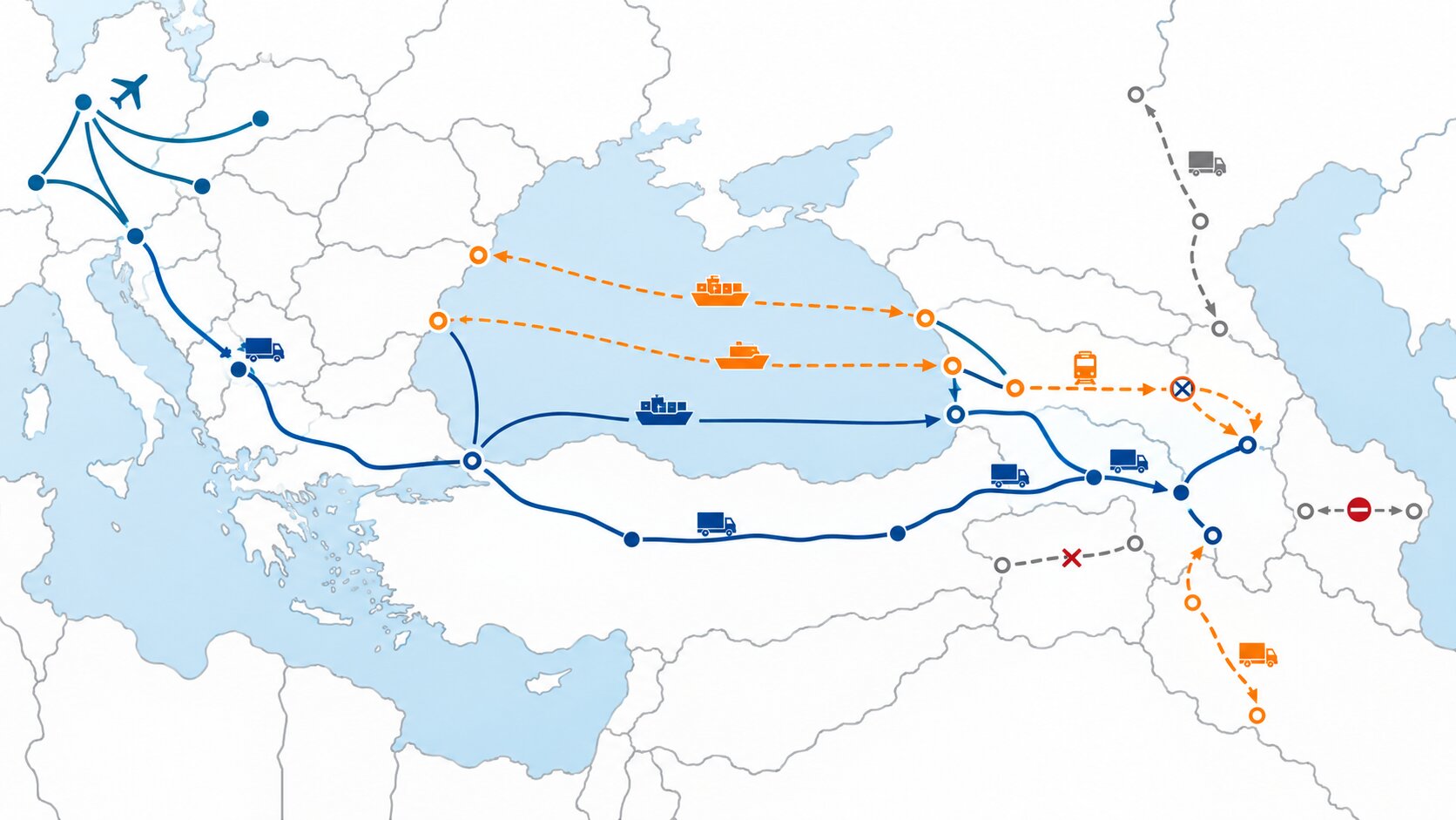 Route map for freight from Europe to Armenia