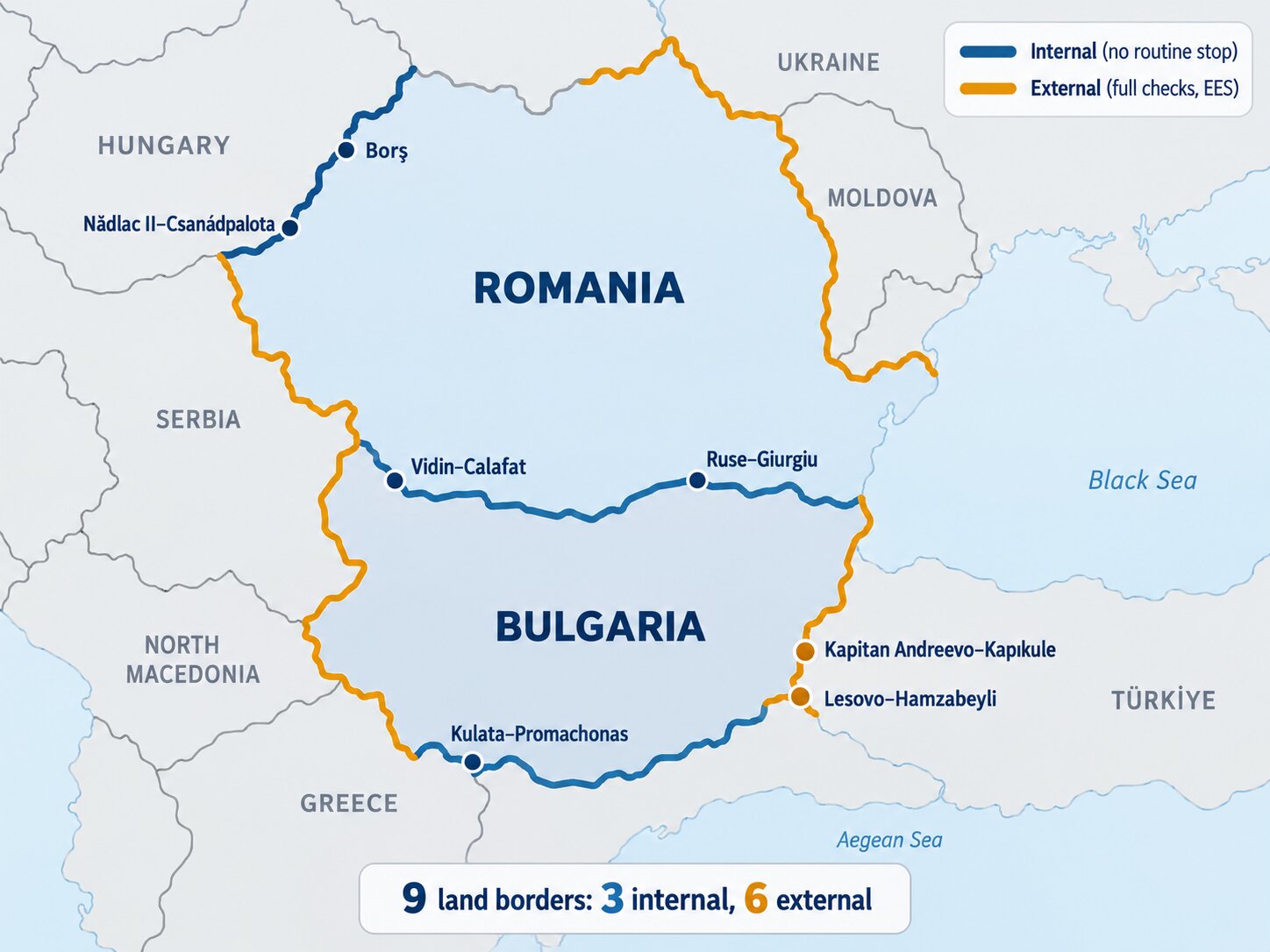 The 2026 border map for Romania and Bulgaria in Schengen