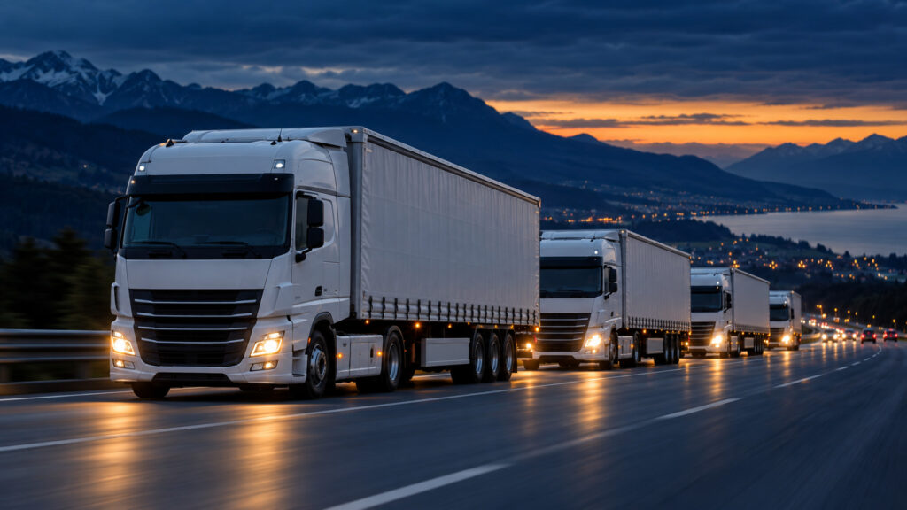 Freight trucks on a European motorway at dusk with headlights on, illustrating the European road freight 2027 outlook