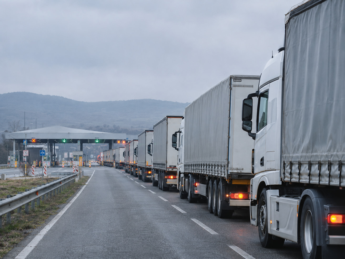 Queue of freight trucks at a Balkan border crossing, illustrating border friction on the Bulgaria-Türkiye corridor
