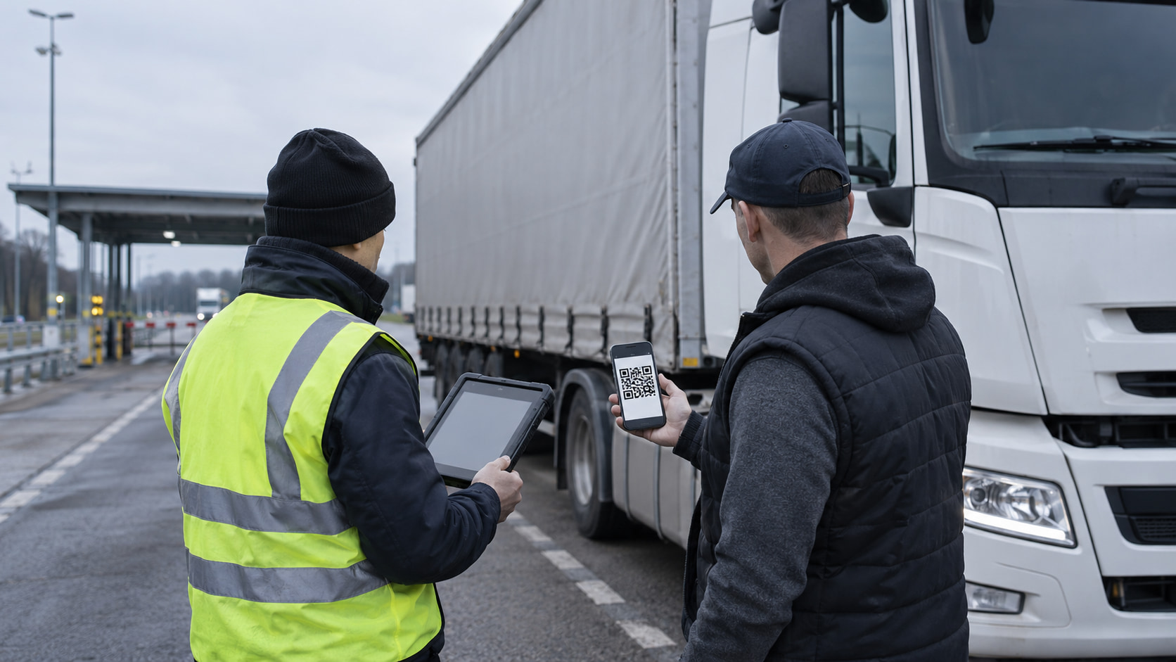 Road inspector scanning a QR code shown on a truck driver's phone