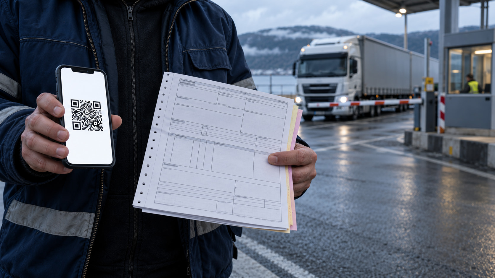 eCMR QR code on a driver's phone beside a paper CMR consignment note